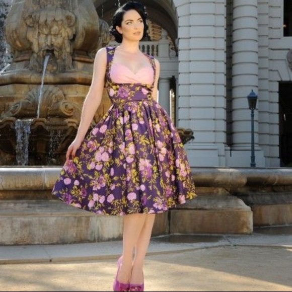 Laura Byrnes Grace Pink and Purple Floral 50s Style Dress - Picture 16 of 16